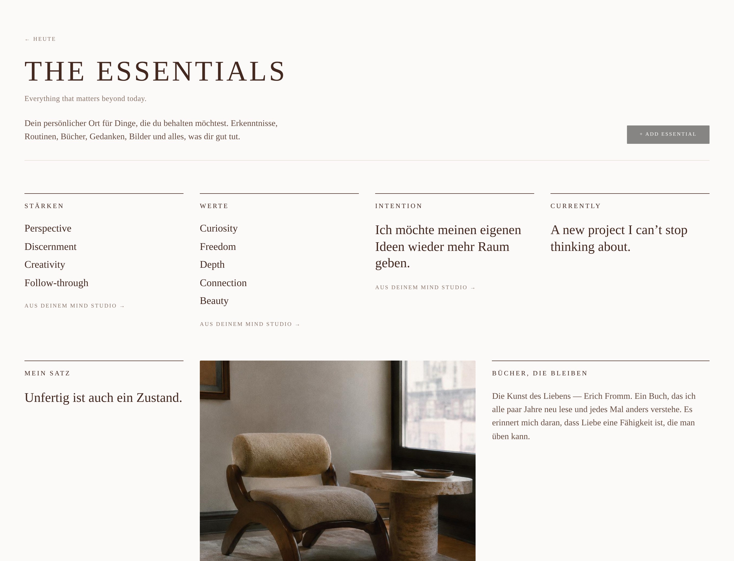 The Essentials in Mind Studios mit Stärken, Werten und persönlichen Einträgen (Demo-Inhalte)